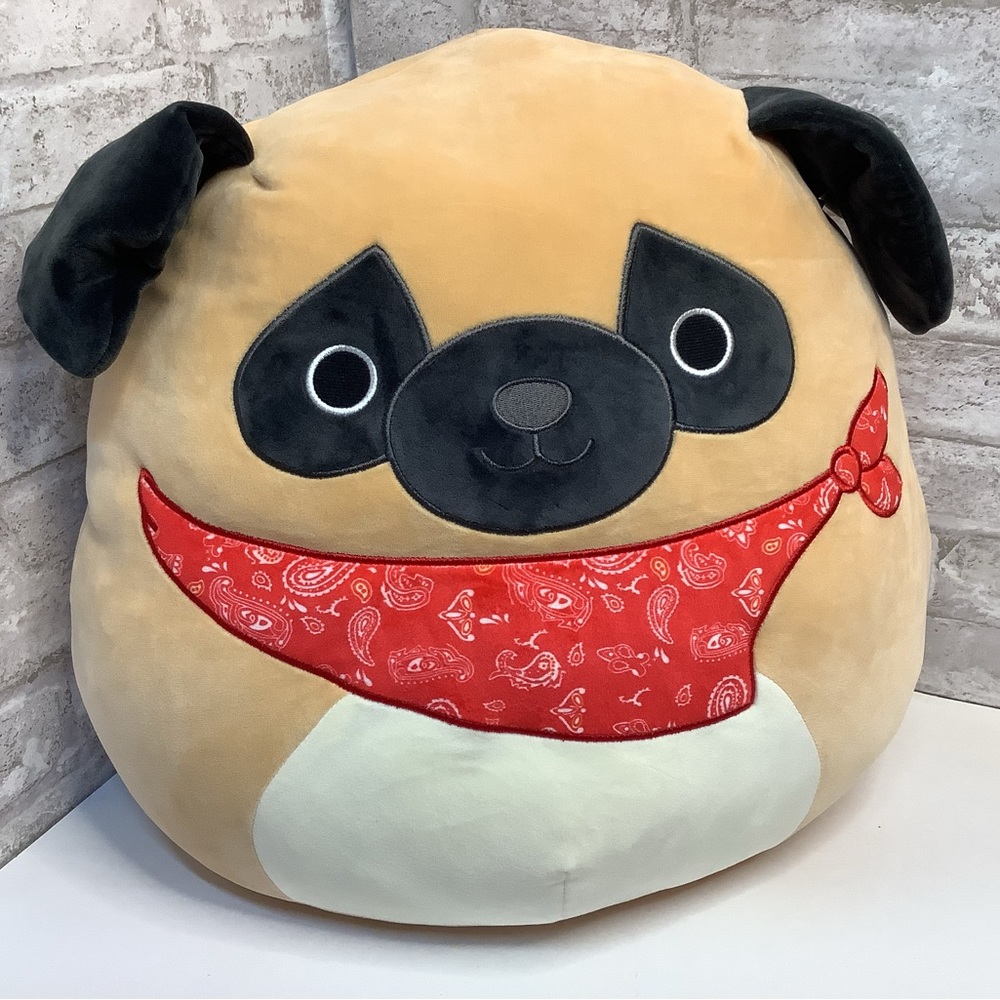 Squishmallows Plush Prince the Pug Stuffed Animal Red Bandana 16” Kellytoy Large